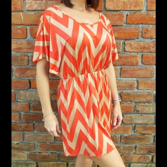 Chevron Zig Zag Print Batwing Dress Tan & Coral 96 - Picture 10 of 10